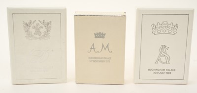 Lot 39 - The Wedding of H.R.H. The Princess Anne to Captain Mark Philips 1973, piece of Wedding cake sealed in its original presentation box, and two other Royal Wedding cake boxes (1981 and 1986) with ca...