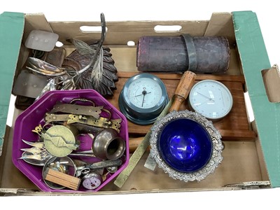 Lot 2430 - Collection of vintage tools and other items to include brass cup weights, postal scales, furniture fittings and other items (1 box).