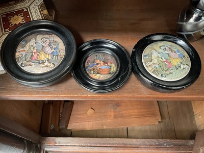 Lot 89 - Three 19th century Prattware pot lids in ebonised wood frames and small group of Victorian tiles (1 box).