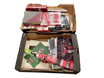 Lot 1223 - Arsenal memorabilia including 1960s scrapbooks, books and 27 A4 signed pictures and 31 A3 pictures of Arsenal legends (2 boxes)