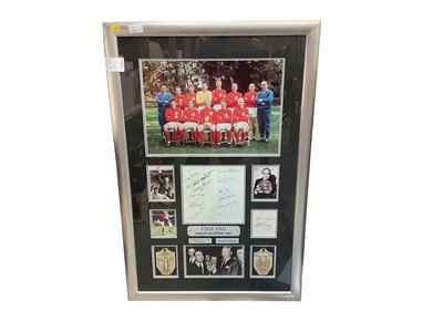 Lot 1225 - 1966 World Cup pictures including large winners frame with pre-printed signatures and hand signed Alf Ramsay signature. Hand signed picture by eighteen of 1966 World cup squad and Geoff Hurst f...