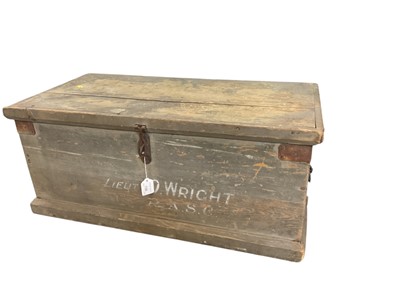 Lot 738 - First World War painted pine trunk dated 1918 and named to Lieut. O. Wright. R.A.S.C. and wartime military stretcher (2)