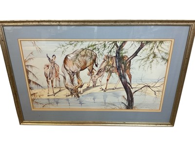 Lot 1440 - Allan Carter (b. 1909) watercolour, watering hole, signed, 40 x 73cm, glazed frame