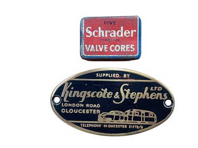Lot 2182 - Vintage Schrader valve core tin and oval Kingscote & Stephens Ltd plaque (2).