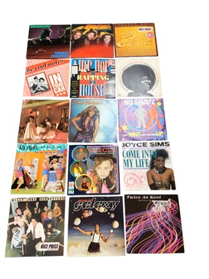 Lot 2248 - Two boxes of LP records (and some 12 inch singles) including Blood, Sweat and Tears, Melanie, Stevie Wonder, Sister Sledge, Roxy Music, John Lennon, etc