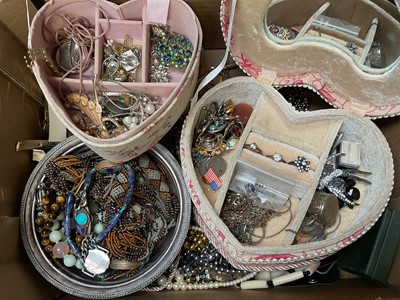 Lot 202 - Group of costume jewellery including a silver watch chain, micro-bead necklace, other beads, brooches and bijouterie