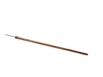 Lot 754 - Victorian gentleman’s gravity dagger walking stick with root pommel and metal ferrule. 83.5cm overall, blade extends 14.5cm.