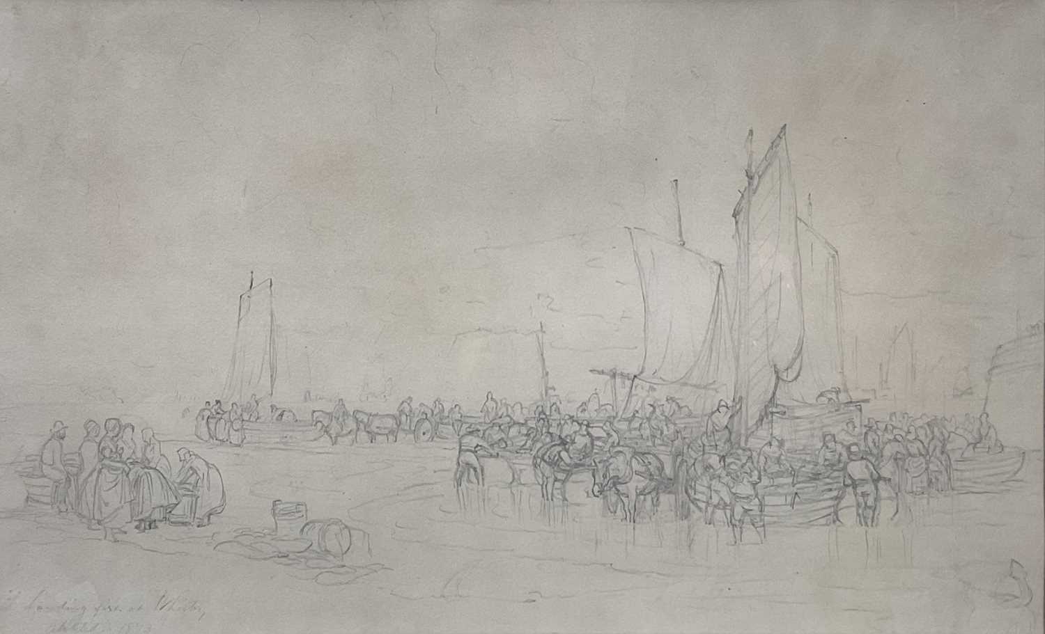 Lot 47 - Edward Duncan (1803-1882) pencil study - Landing Fish at Whitby, inscribed, exhibited 1873, 31cm x 51cm, in glazed frame