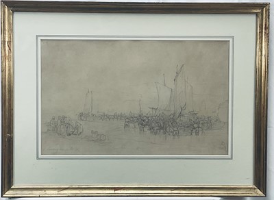 Lot 47 - Edward Duncan (1803-1882) pencil study - Landing Fish at Whitby, inscribed, exhibited 1873, 31cm x 51cm, in glazed frame