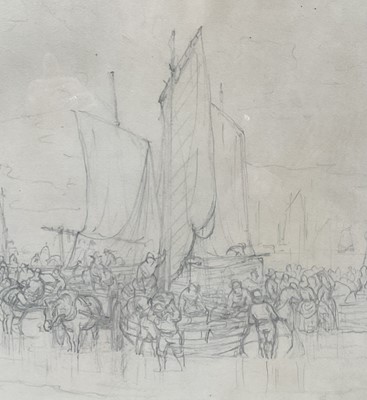 Lot 47 - Edward Duncan (1803-1882) pencil study - Landing Fish at Whitby, inscribed, exhibited 1873, 31cm x 51cm, in glazed frame