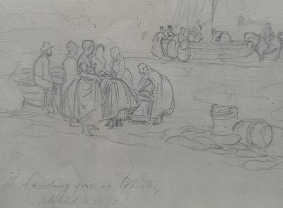 Lot 47 - Edward Duncan (1803-1882) pencil study - Landing Fish at Whitby, inscribed, exhibited 1873, 31cm x 51cm, in glazed frame