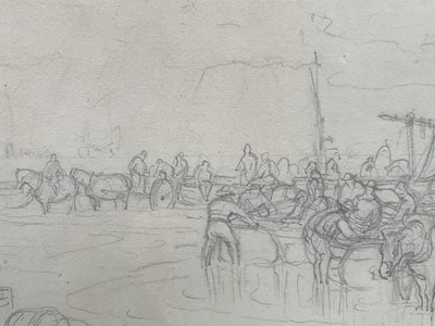 Lot 47 - Edward Duncan (1803-1882) pencil study - Landing Fish at Whitby, inscribed, exhibited 1873, 31cm x 51cm, in glazed frame