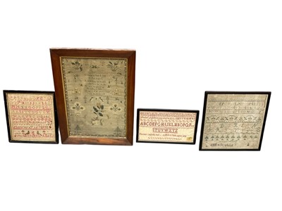 Lot 2139 - Georgian sampler dated 1831, Victorian samplers including 1837 sampler, probably cleaned, three smaller samplers and a school room scene tapestry. All framed