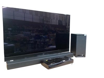 Lot 2323 - 55" Panasonic OLED TV with remote control together with Panasonic Ultra HD Blu Ray player and Panasonic subwoofer and soundbar tuned by Technics.