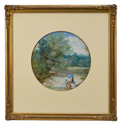 Lot 1268 - English School, 19th century, a fine pair of watercolours and bodycolour - Feeding The Swans and Playing by The Pond, monoframed T.E and dated 1862