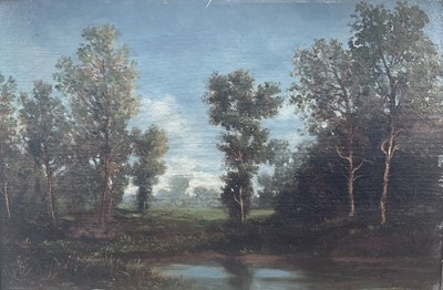 Lot 30 - 19th century French oil on panel, landscape, signed, in gilt frame, labels verso
