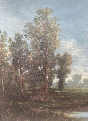 Lot 30 - 19th century French oil on panel, landscape, signed, in gilt frame, labels verso