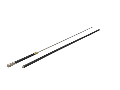 Lot 747 - Ebonised wood sword stick with white metal knop with Sedbergh School O.T.C. badge, blade 59cm, 90.5cm overall.