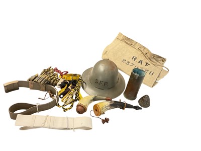 Lot 749 - Second World War Zuckerman Civil Defence with painted finish and lettering 'S.F.P.' Possibly for Street Fire Party, together with horn powder flasks, shell case, fuse and other Militaria (1 box)...