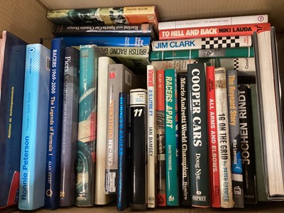 Lot 2189 - Three boxes of assorted Formula One (F1) related books to include biographies of drivers and teams (3 boxes).
