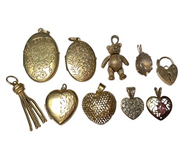 Lot 258 - 9ct gold mounted diamond set heart shaped pendant, five other 9ct gold pendants, smoky quartz pendant and three 9ct gold locket pendan...
