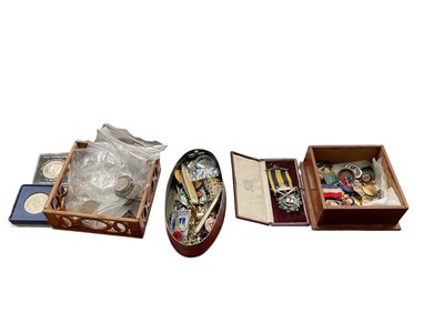 Lot 2584 - Group of various enamel pin badges together with fruit knives and a small group of coins (1 box).