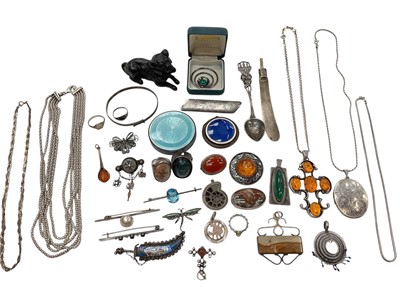 Lot 307 - Group of silver and white metal jewellery including large amber set cross pendant, agate, oval locket and other pendants, various chains, etc together with an enamelled sterling silver compact,...
