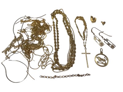 Lot 313 - Group of 9ct gold and yellow metal jewellery including broken chains, pendants, sapphire and diamond ring (stone missing) etc