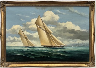 Lot 1296 - *Malcolm Chandler (b. 1944) oil on canvas - Britannia racing in the Solent off Ryde, signed and dated 1998, 60cm x 90cm, in gilt frame