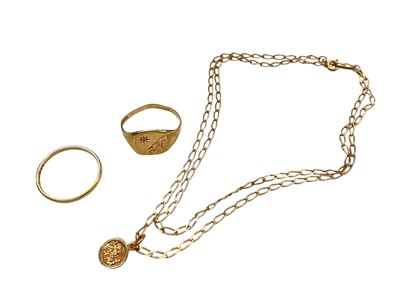Lot 1171 - 9ct gold signet ring, 9ct gold wedding ring, 9ct gold pendant and St. Christopher on chain