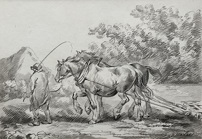 Lot 1333 - George Morland (1763-1804) three antique prints, pages from sketch books depicting figures, ploughing, horses and dogs, 40cm x 52cm, in glazed frames (3)