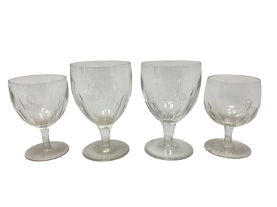 Lot 198 - The Royal Yacht 'Victoria & Albert', pair King George V large wine glasses with finely engraved crowned GRV cyphers, and two other Royal Yacht wine glasses with engraved cyphers(4)