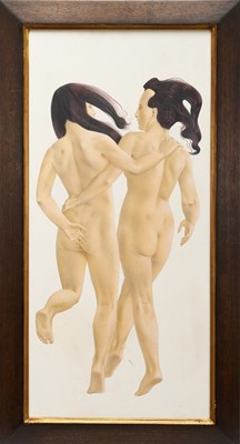 Lot 1409 - *Francis Plummer (1930-2019) acrylic on board - Gambol, signed with initial P., dated '78, titled verso, 60cm x 28cm, framed