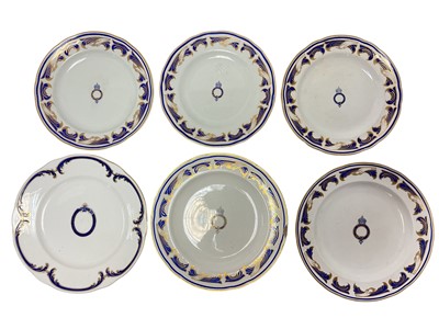 Lot 181 - Three Edwardian Copeland Royal yacht dinner plates decorated with crowned 'The Royal Yacht' in garter scroll and blue and gilt scroll borders and three matching dessert plates (6)