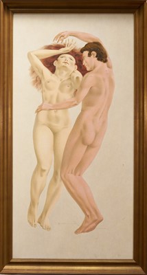 Lot 1398 - *Francis Plummer (1930-2019) egg tempera on board - Love Play, signed with initial P., dated '76, titled verso, 120cm x 60cm, framed