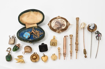 Lot 758 - A good group of antique jewellery to include a Victorian hairwork brooch, a Victorian gold mounted nephrite acorn pendant, a Victorian turquoise enamel and seed pearl locket, and other antique j...