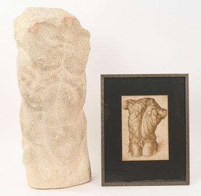 Lot 1397 - *Francis Plummer (1930-2019) carved stone sculpture - Male Torso, 60cm high, one of only two sculptures ever produced by Plummer. Together with a related pen and ink study, in glazed frame