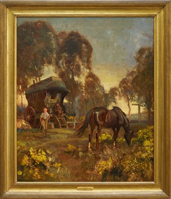 Lot 871 - *Edward Seago (1910-1974) oil on canvas - Gypsy Caravan, signed and dated 1932, 76cm x 64cm, in gilt frame. Provenance: Chrisite’s 1st December 2016. Victorian, Sporting & Maritime...