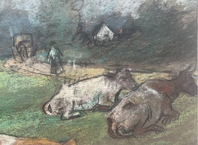 Lot 16 - Manner of Becker, pastel, Cattle Resting, 22cm x 26cm, with mount, unframed
