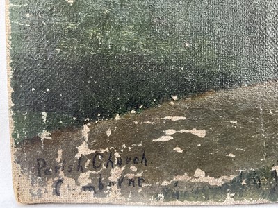 Lot 5 - 19th century English Naive School oil on canvas- view of Camborne Parish Church, Cornwall, signed C. Sykes? dated 99. 30.5 x 25.5cm overall.