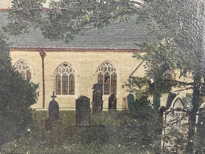 Lot 5 - 19th century English Naive School oil on canvas- view of Camborne Parish Church, Cornwall, signed C. Sykes? dated 99. 30.5 x 25.5cm overall.