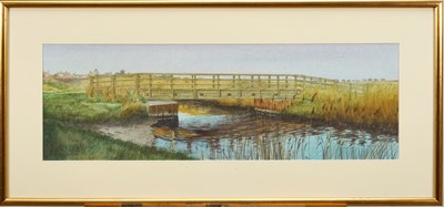 Lot 905 - *Wladyslaw Mirecki (b.1956) watercolour - Bridge at Walberswick, signed and dated 2006, 25cm x 75cm, in glazed gilt frame Exhibited: Chappell Galleries 2006