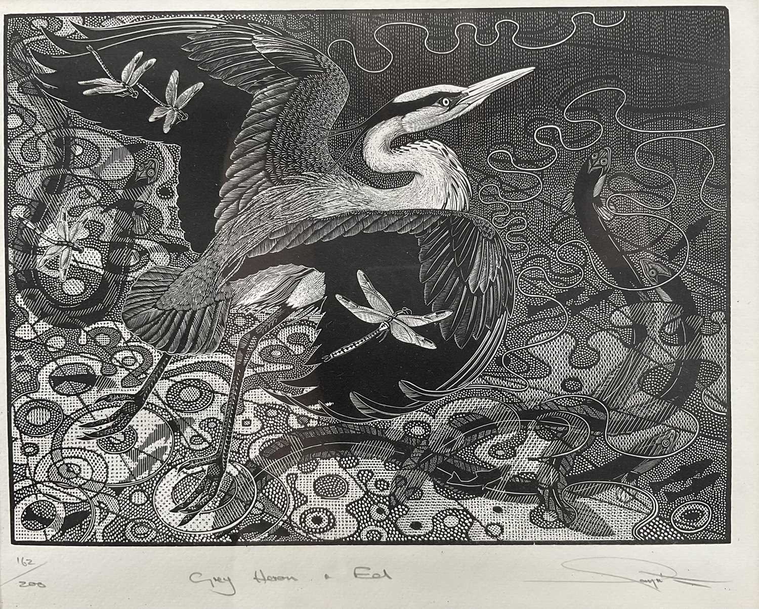 Lot 53 - Colin See-Paynton (1946-) wood engraving - Grey Heron and Eel, signed and titled in pencil, 162/200