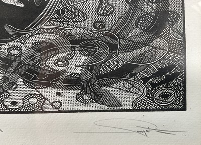 Lot 53 - Colin See-Paynton (1946-) wood engraving - Grey Heron and Eel, signed and titled in pencil, 162/200