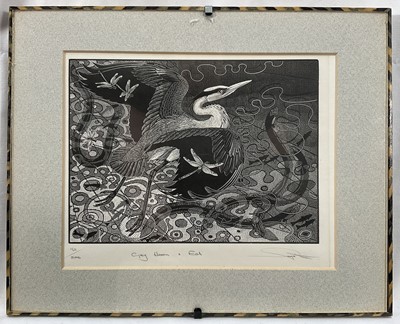 Lot 53 - Colin See-Paynton (1946-) wood engraving - Grey Heron and Eel, signed and titled in pencil, 162/200