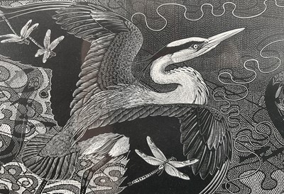 Lot 53 - Colin See-Paynton (1946-) wood engraving - Grey Heron and Eel, signed and titled in pencil, 162/200
