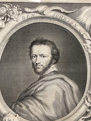 Lot 51 - Jacobus Houbraken (Dutch, 1698-1780) engraving - Portrait of Ben Jonson, 1738, 36cm x 22cm, in glazed frame