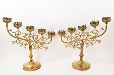 Lot 677 - Pair of Victorian brass ecclesiastical candlesticks