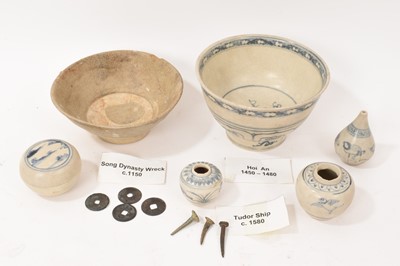 Lot 689 - Hoi An cargo circa 1450-80, five pieces of blue and white glazed pottery , and other shipwrecks pieces