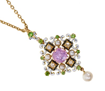 Lot 588 - Fine quality 19th century Renaissance Revival pink sapphire, pearl and diamond pendant / brooch in the style of Carlo Giuliano